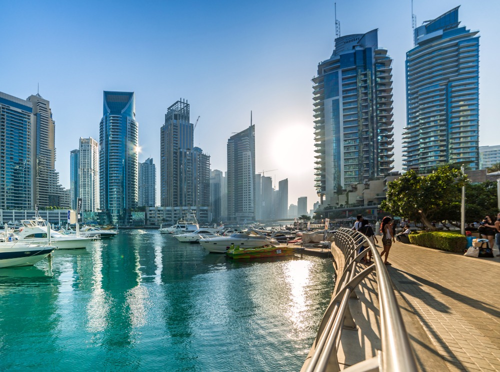 DUBAI, UAE - DECEMBER 14: Modern buildings in Dubai Marina, Dubai, UAE. In the city of artificial channel length of 3 kilometers along the Persian Gulf, taken on 13 December 2013 in Dubai.